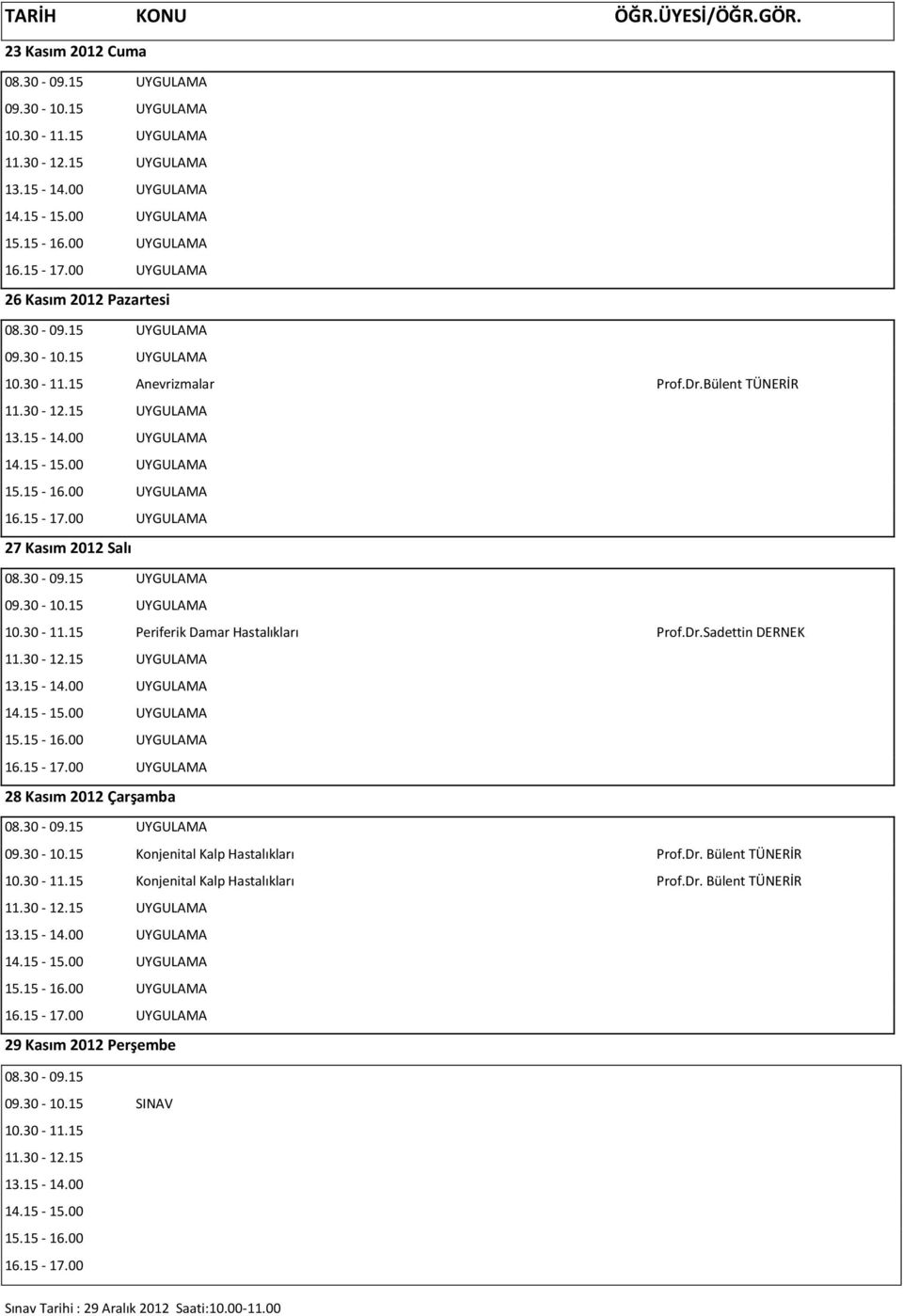 15 Konjenital Kalp Hastalıkları Prof.Dr. Bülent TÜNERİR 29 Kasım 2012 Perşembe 08.30-09.15 09.30-10.15 SINAV 10.30-11.15 11.