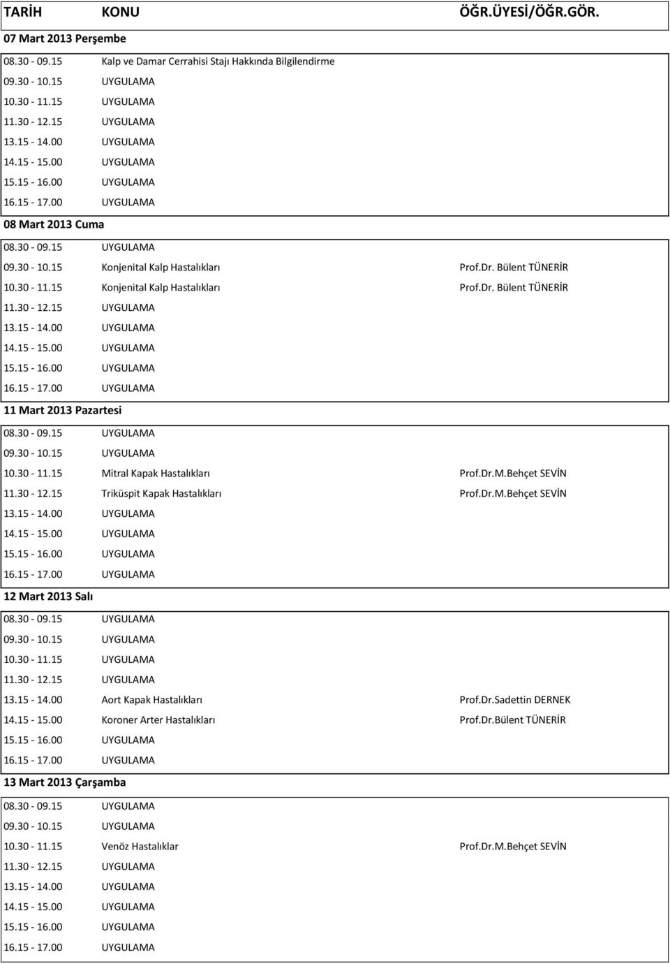30-11.15 Mitral Kapak Hastalıkları Prof.Dr.M.Behçet SEVİN 11.30-12.15 Triküspit Kapak Hastalıkları Prof.Dr.M.Behçet SEVİN 12 Mart 2013 Salı 13.15-14.