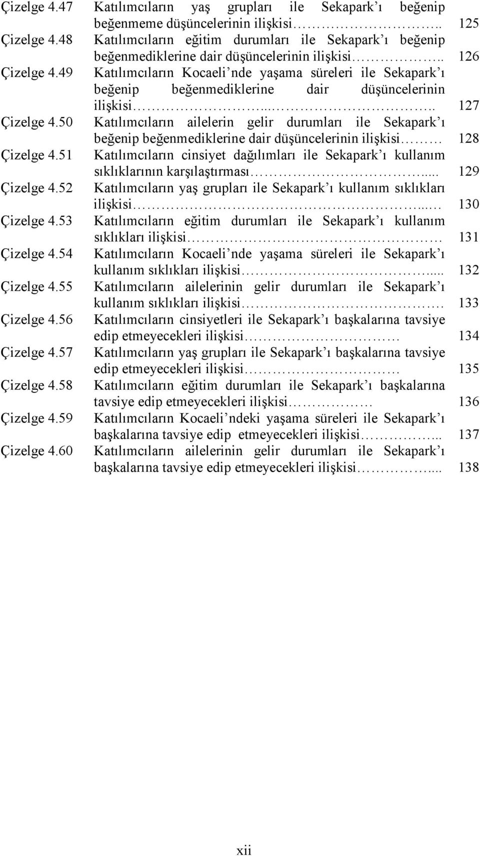 49 Katılımcıların Kocaeli nde yaşama süreleri ile Sekapark ı beğenip beğenmediklerine dair düşüncelerinin ilişkisi..... 127 Çizelge 4.