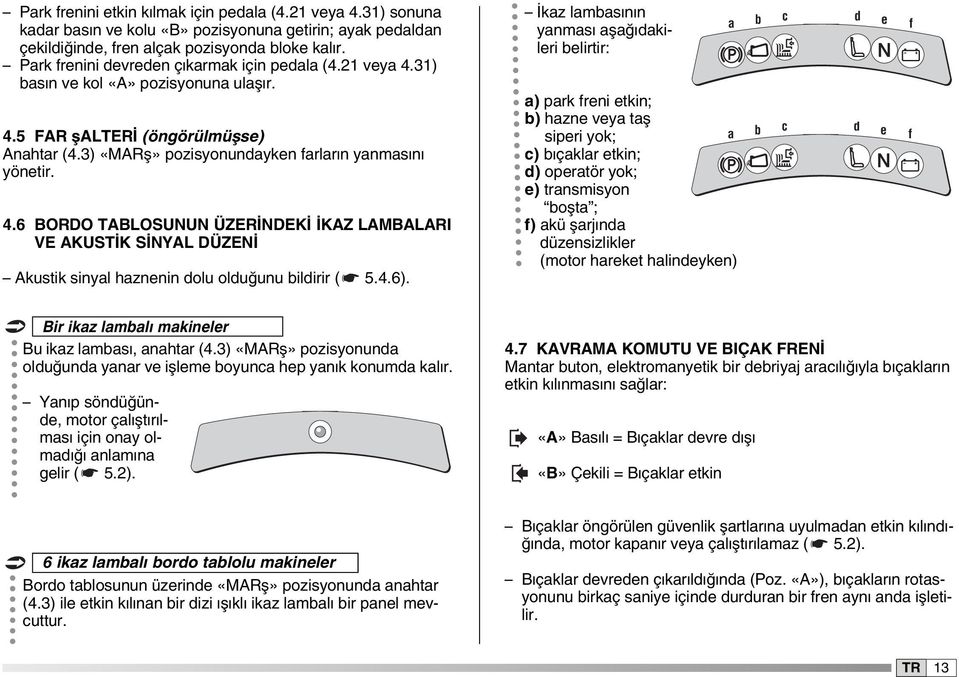 4.6). İkaz lambasının yanması aşağıd a ki - leri belirtir: a b c a) park freni etkin; b) hazne veya taş siperi yok; c) bıçaklar etkin; d) operatör yok; e) transmisyon boşta ; f) akü şarjında