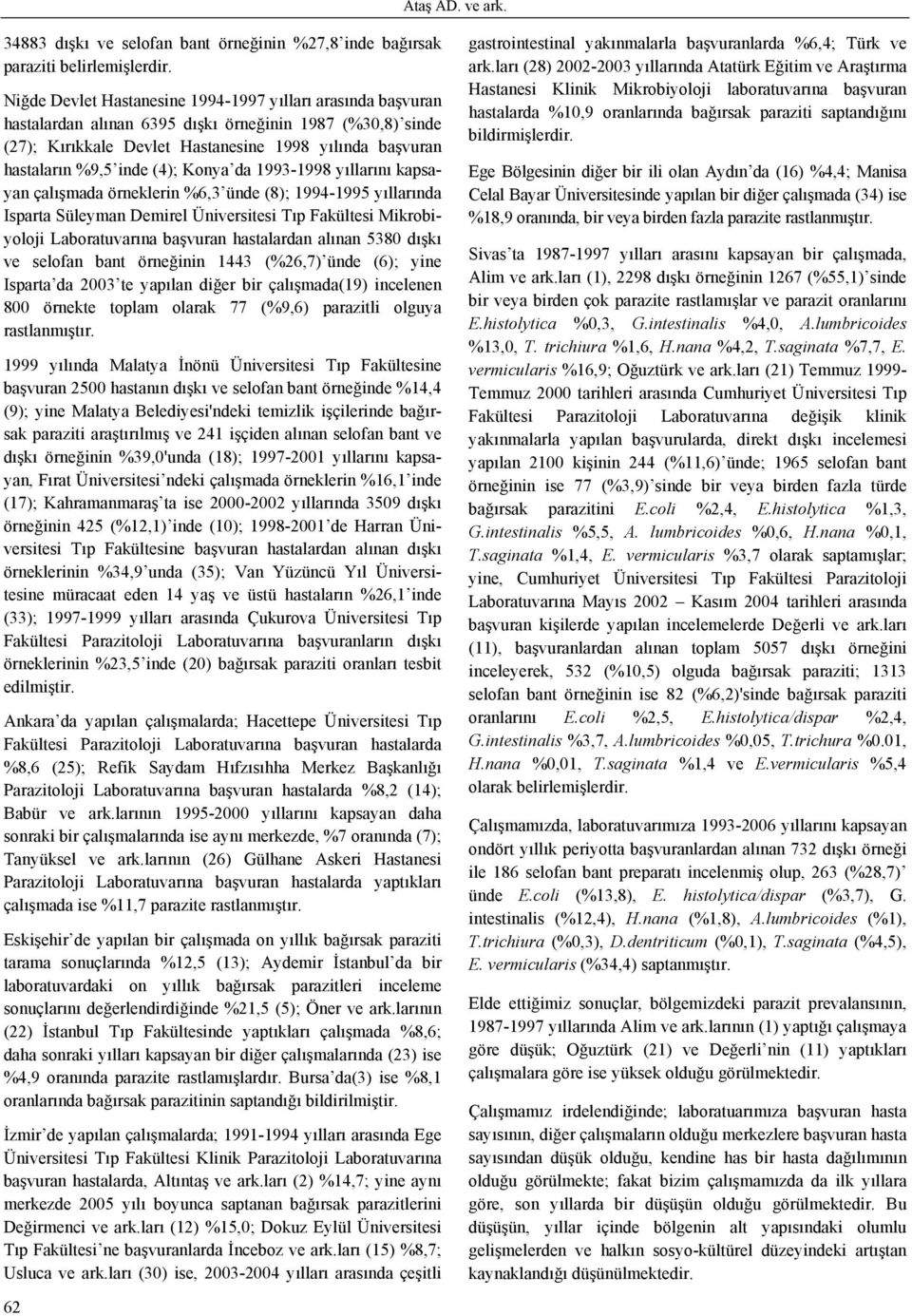 (4); Konya da 1993-1998 yıllarını kapsayan çalışmada örneklerin %6,3 ünde (8); 1994-1995 yıllarında Isparta Süleyman Demirel Üniversitesi Tıp Fakültesi Mikrobiyoloji Laboratuvarına başvuran