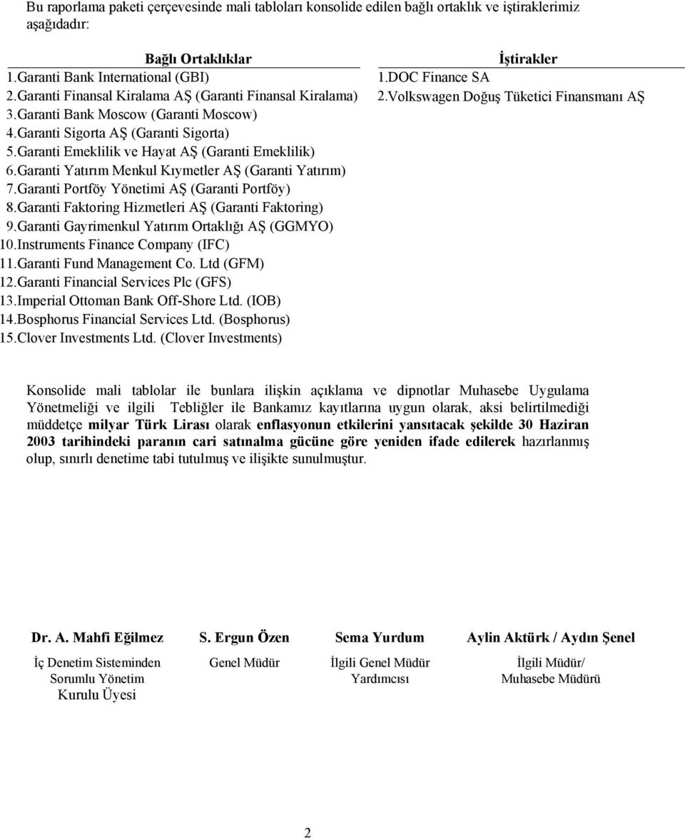 Garanti Emeklilik ve Hayat AŞ (Garanti Emeklilik) 6. Garanti Yatırım Menkul Kıymetler AŞ (Garanti Yatırım) 7. Garanti Portföy Yönetimi AŞ (Garanti Portföy) 8.