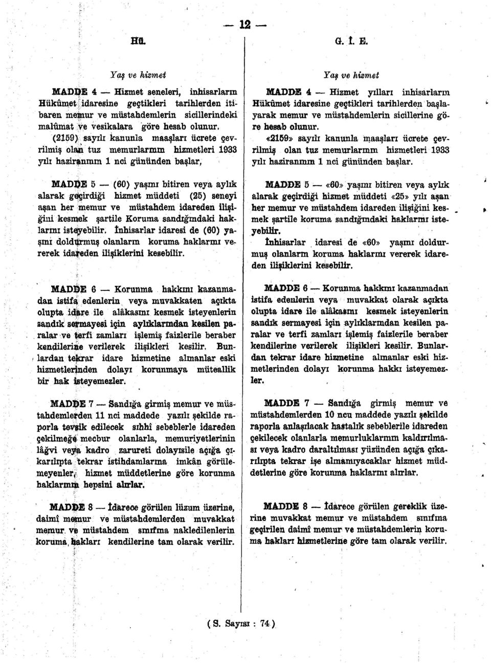 kanunla maaşları ücrete çevrilmiş olan tuz memurlarının hizmetleri 1933 yılı haziranının 1 nci gününden başlar, MADDE 5 (60) yaşını bitiren veya aylık alarak geçirdiği hizmet müddeti (25) seneyi aşan