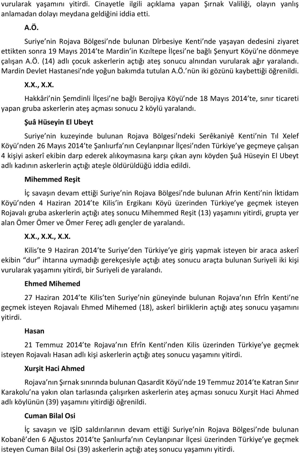 (14) adlı çocuk askerlerin açtığı ateş sonucu alnından vurularak ağır yaralandı. Mardin Devlet Hastanesi nde yoğun bakımda tutulan A.Ö. nün iki gözünü kaybettiği öğrenildi. X.