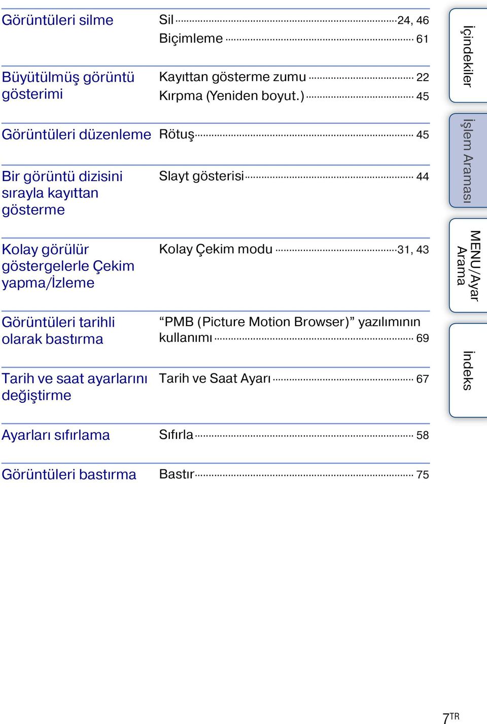 göstergelerle Çekim yapma/izleme Kolay Çekim modu 31, 43 Görüntüleri tarihli olarak bastırma PMB (Picture Motion Browser)