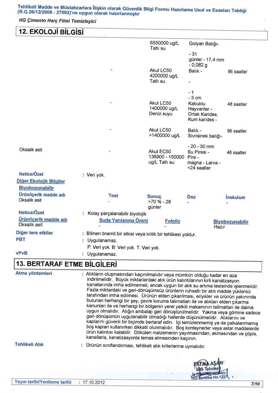 Di6er Ekoloiik Bitqiler Bivobozunabilir Urtin/igerik madde adr Uriin/icerik madde adr Di$er ters etkiler PBT vpvb Veriyok. 13.