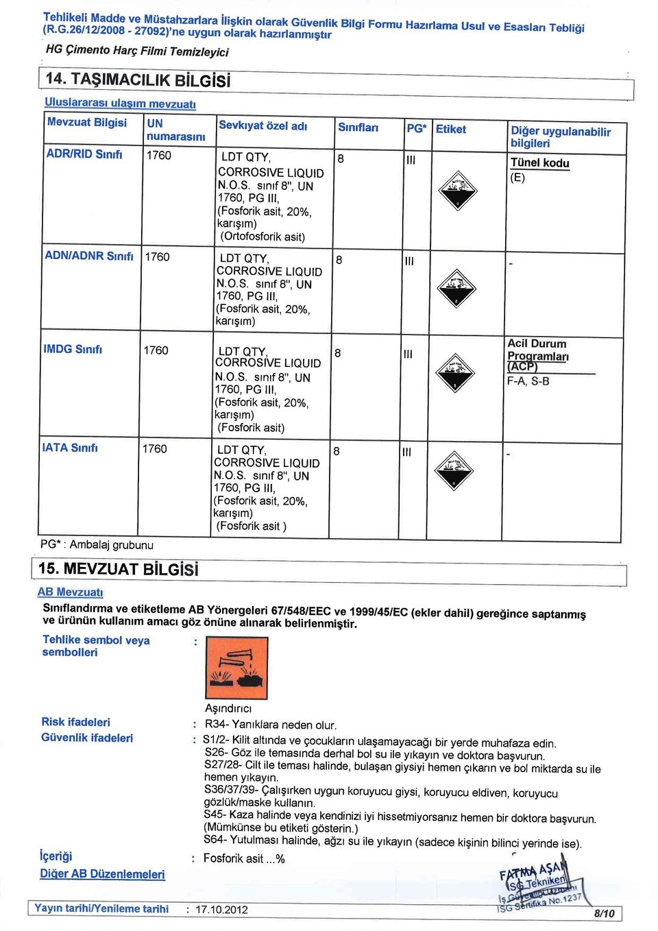 Tiinelkodu CORROSIVE LIQUID (E) N.O.S. srnrf 8", UN 1760, PG ilt, (Fosforik asit,20%, kanglm) (Ortofosforik asit) ADN/ADNR $nrfr 1760 LDT Qry, CORROSIVE LIQUID N.O.S. slnrf 8", UN 1760, PG ilt, (Fosforik asit, 20%, karrgrm) I ill c c IMDG Srnlfr 1760 LDT QTY, I CORROSIVE LIQUID N.