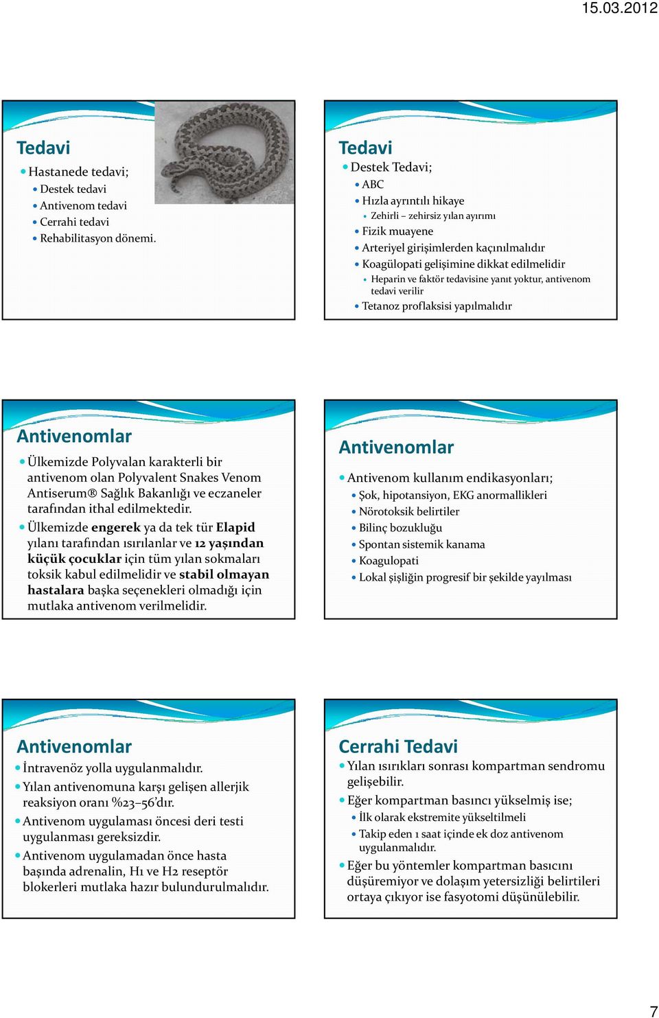 yoktur, antivenom tedavi verilir Tetanoz proflaksisi yapılmalıdır Antivenomlar Ülkemizde Polyvalan karakterli bir antivenom olan Polyvalent Snakes Venom Antiserum Sağlık Bakanlığı ve eczaneler