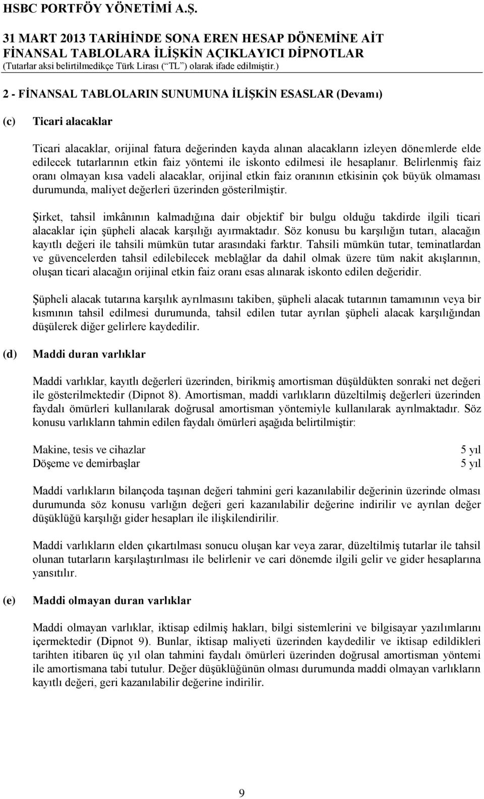 BelirlenmiĢ faiz oranı olmayan kısa vadeli alacaklar, orijinal etkin faiz oranının etkisinin çok büyük olmaması durumunda, maliyet değerleri üzerinden gösterilmiģtir.