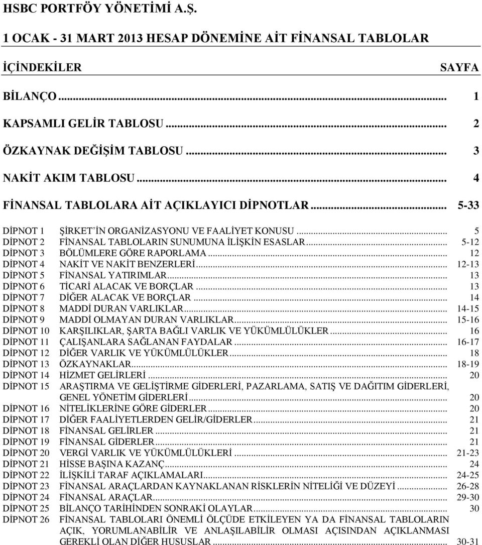 .. 5-12 DĠPNOT 3 BÖLÜMLERE GÖRE RAPORLAMA... 12 DĠPNOT 4 NAKĠT VE NAKĠT BENZERLERĠ... 12-13 DĠPNOT 5 FĠNANSAL YATIRIMLAR... 13 DĠPNOT 6 TĠCARĠ ALACAK VE BORÇLAR... 13 DĠPNOT 7 DĠĞER ALACAK VE BORÇLAR.