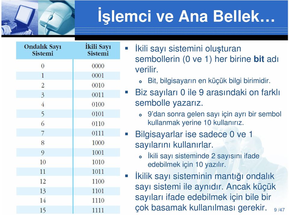 9 dan sonra gelen sayı için ayrı bir sembol kullanmak yerine 10 kullanırız. Bilgisayarlar ise sadece 0 ve 1 sayılarını kullanırlar.