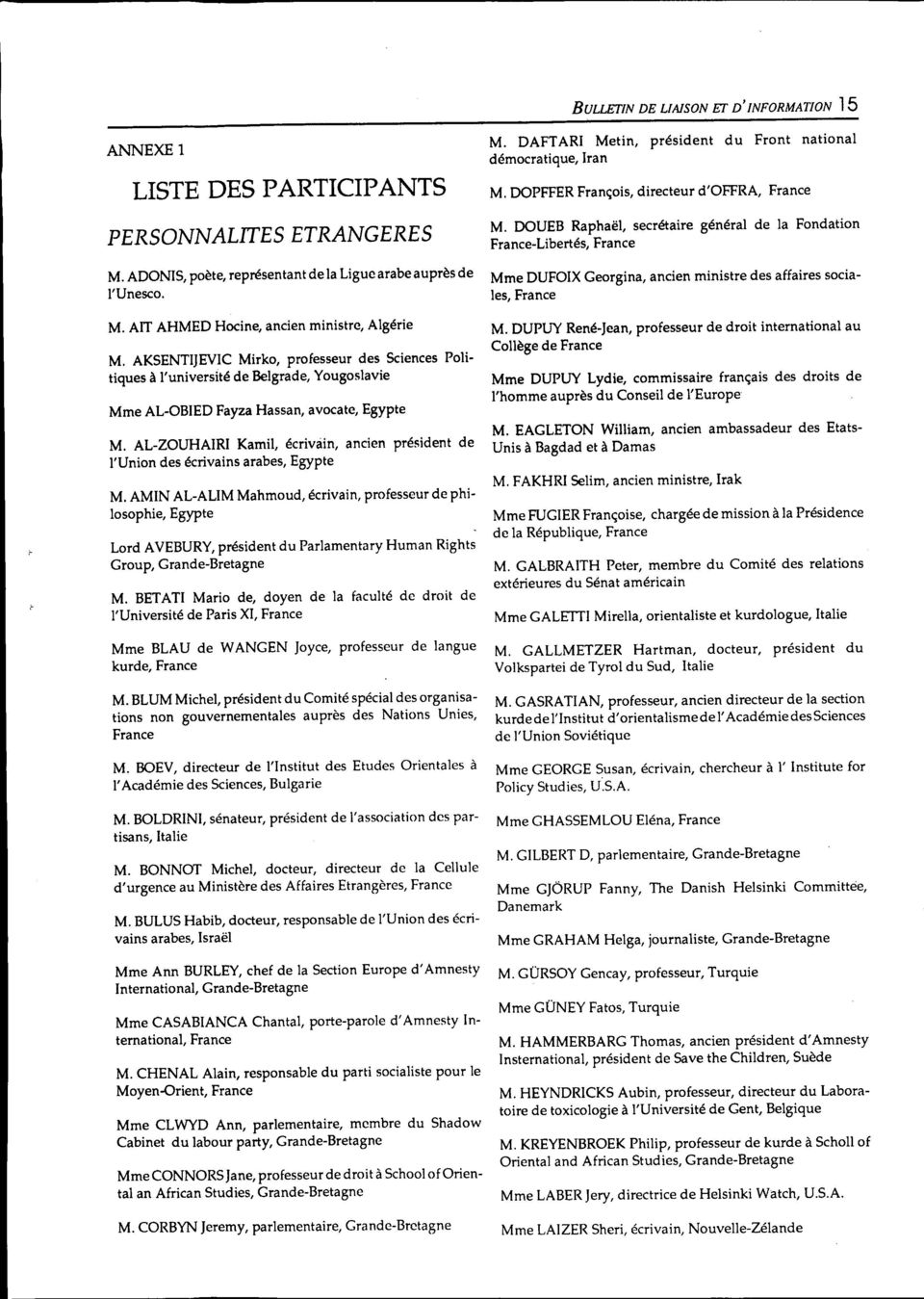 ADONIS, poète, représentant de la Ligue arabe auprès de l'unesco. ancien ministre des affaires socia- Mme DUFOIX Georgina, les, France M. AIT AHMED Hocine, ancien ministre, Algérie M.