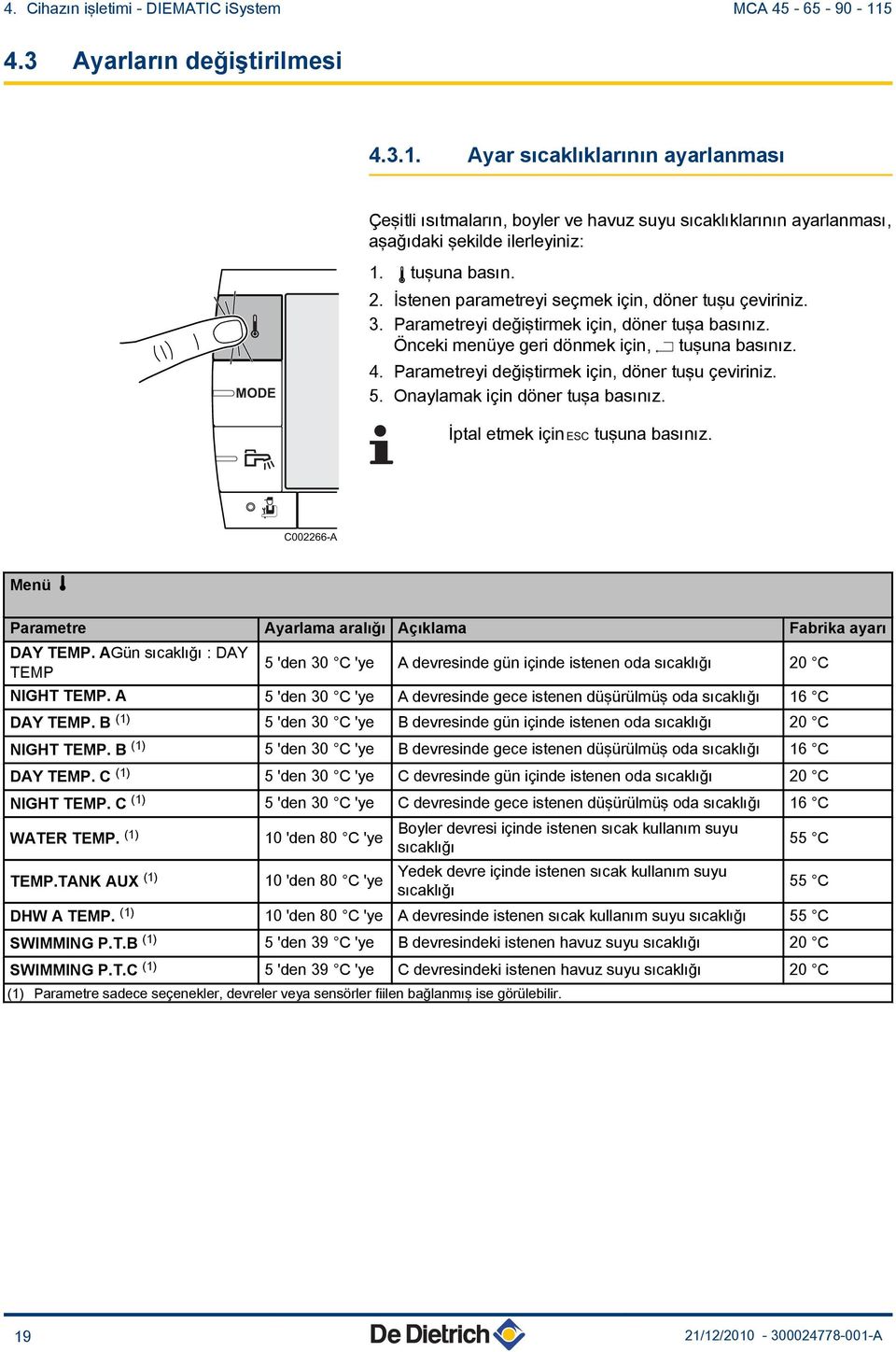 . İstenen parametreyi seçmek için, döner tuşu çeviriniz. 3. Parametreyi değiştirmek için, döner tuşa basınız. Önceki menüye geri dönmek için, j tuşuna basınız. 4.