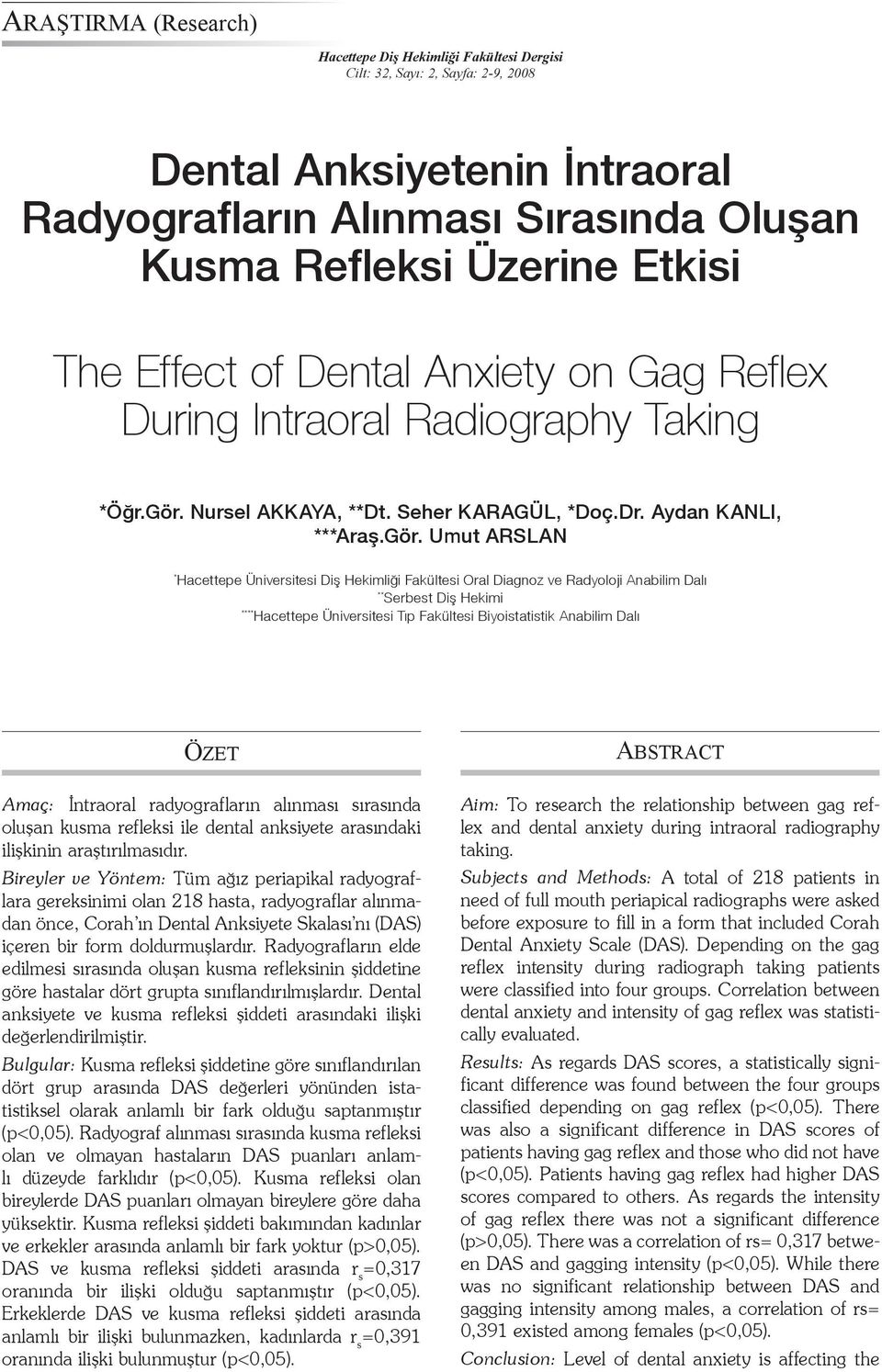 Nursel AKKAYA, **Dt. Seher KARAGÜL, *Doç.Dr. Aydan KANLI, ***Araş.Gör.