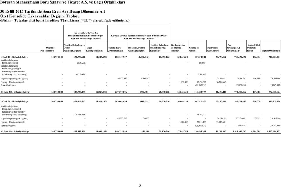 Değerleme ve Sınıflandırma Kazançları Kardan Ayrılan Kısıtlanmış Yedekler Geçmiş Yıl Karları Net Dönem Karı/(Zararı) Ana Ortaklığa Ait Özkaynaklar Kontrol Gücü Olmayan Paylar Toplam Özsermaye 1 Ocak