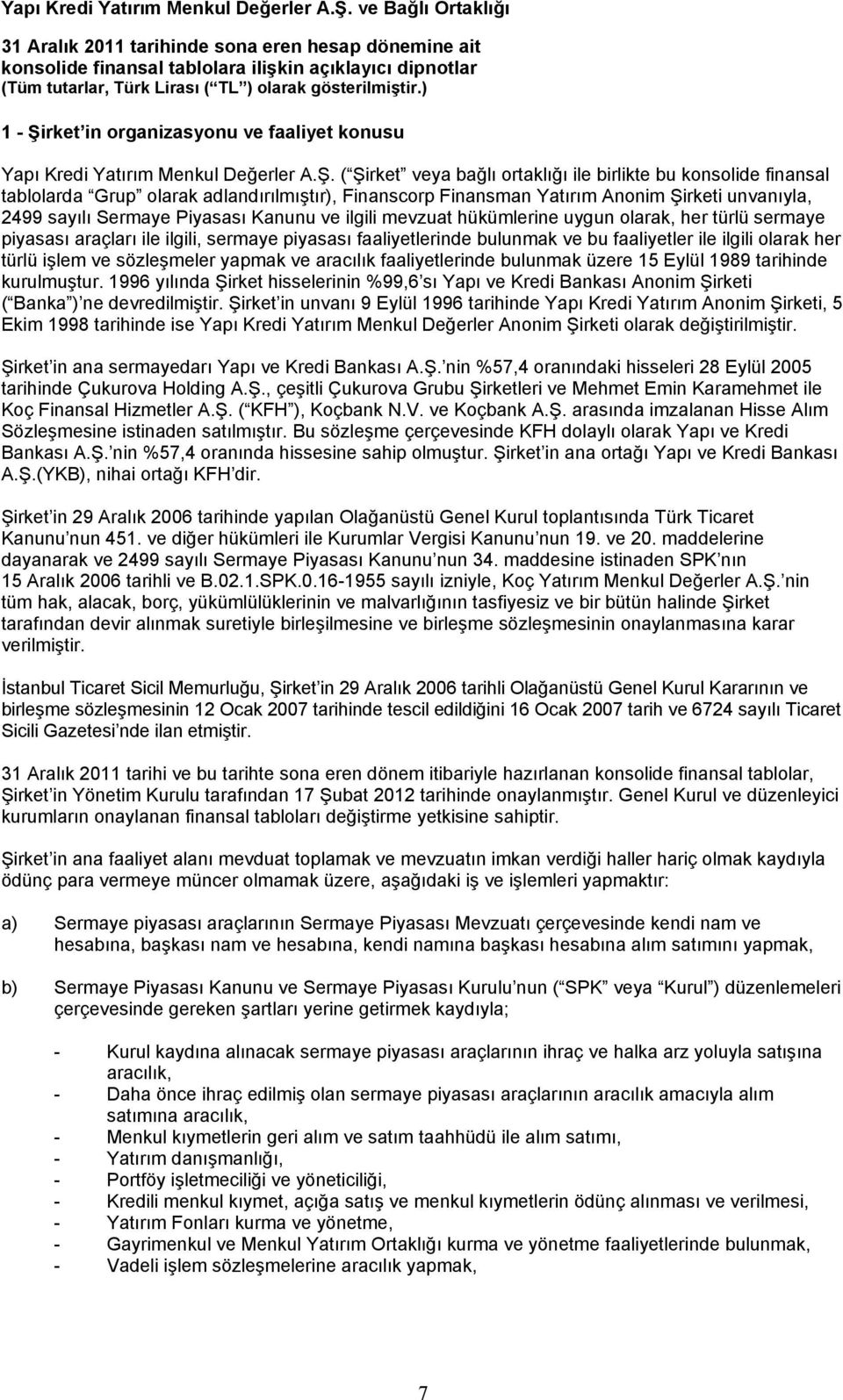 ( Şirket veya bağlı ortaklığı ile birlikte bu konsolide finansal tablolarda Grup olarak adlandırılmıştır), Finanscorp Finansman Yatırım Anonim Şirketi unvanıyla, 2499 sayılı Sermaye Piyasası Kanunu