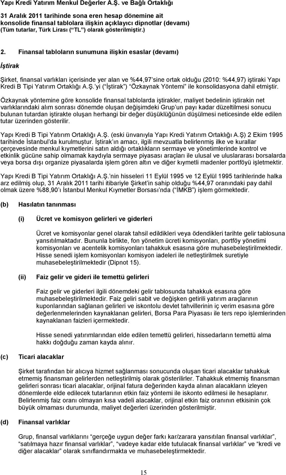 Özkaynak yöntemine göre konsolide finansal tablolarda iştirakler, maliyet bedelinin iştirakin net varlıklarındaki alım sonrası dönemde oluşan değişimdeki Grup un payı kadar düzeltilmesi sonucu