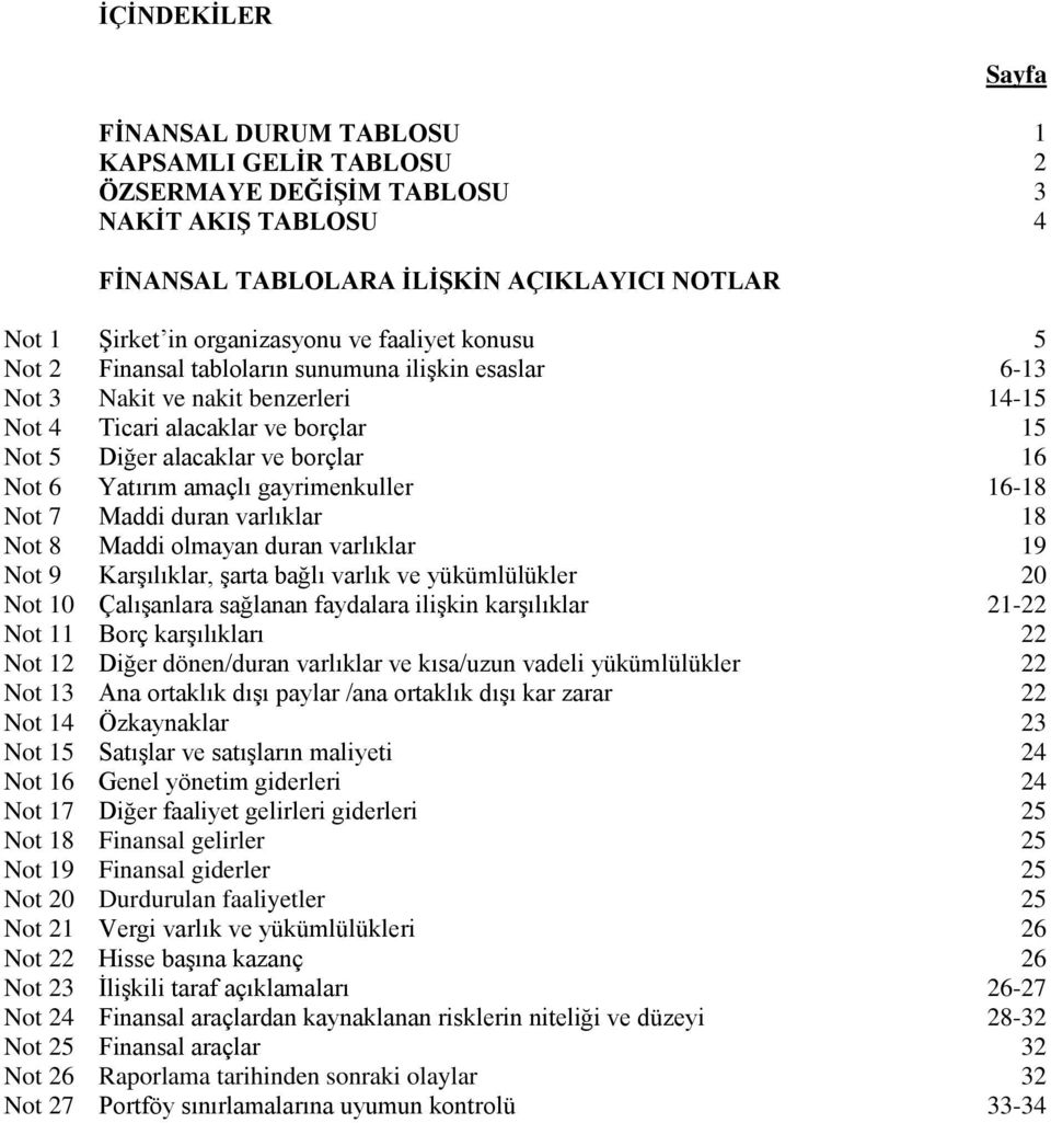 Yatırım amaçlı gayrimenkuller 16-18 Not 70 Maddi duran varlıklar 18 Not 80 Maddi olmayan duran varlıklar 19 Not 90 KarĢılıklar, Ģarta bağlı varlık ve yükümlülükler 20 Not 10 ÇalıĢanlara sağlanan