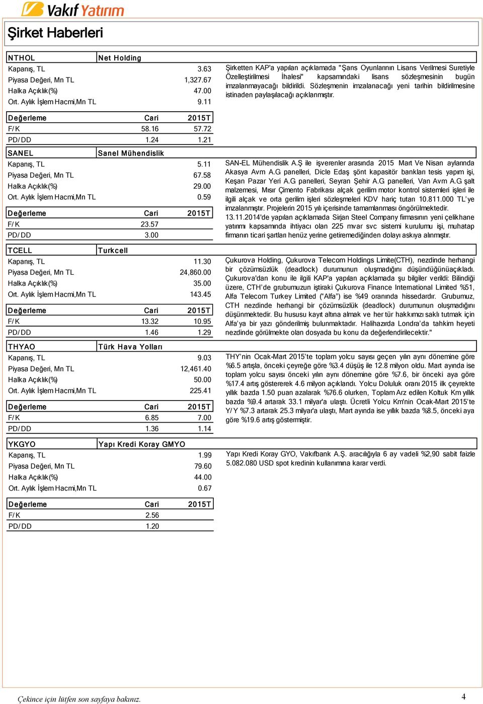 30 Piyasa Değeri, Mn TL 24,860.00 Halka Açıklık(%) 35.00 Ort. Aylık İşlem Hacmi,Mn TL 143.45 F/ K 13.32 10.95 PD/ DD 1.46 1.29 THYAO Türk Hav a Yolları Kapanış, TL 9.03 Piyasa Değeri, Mn TL 12,461.