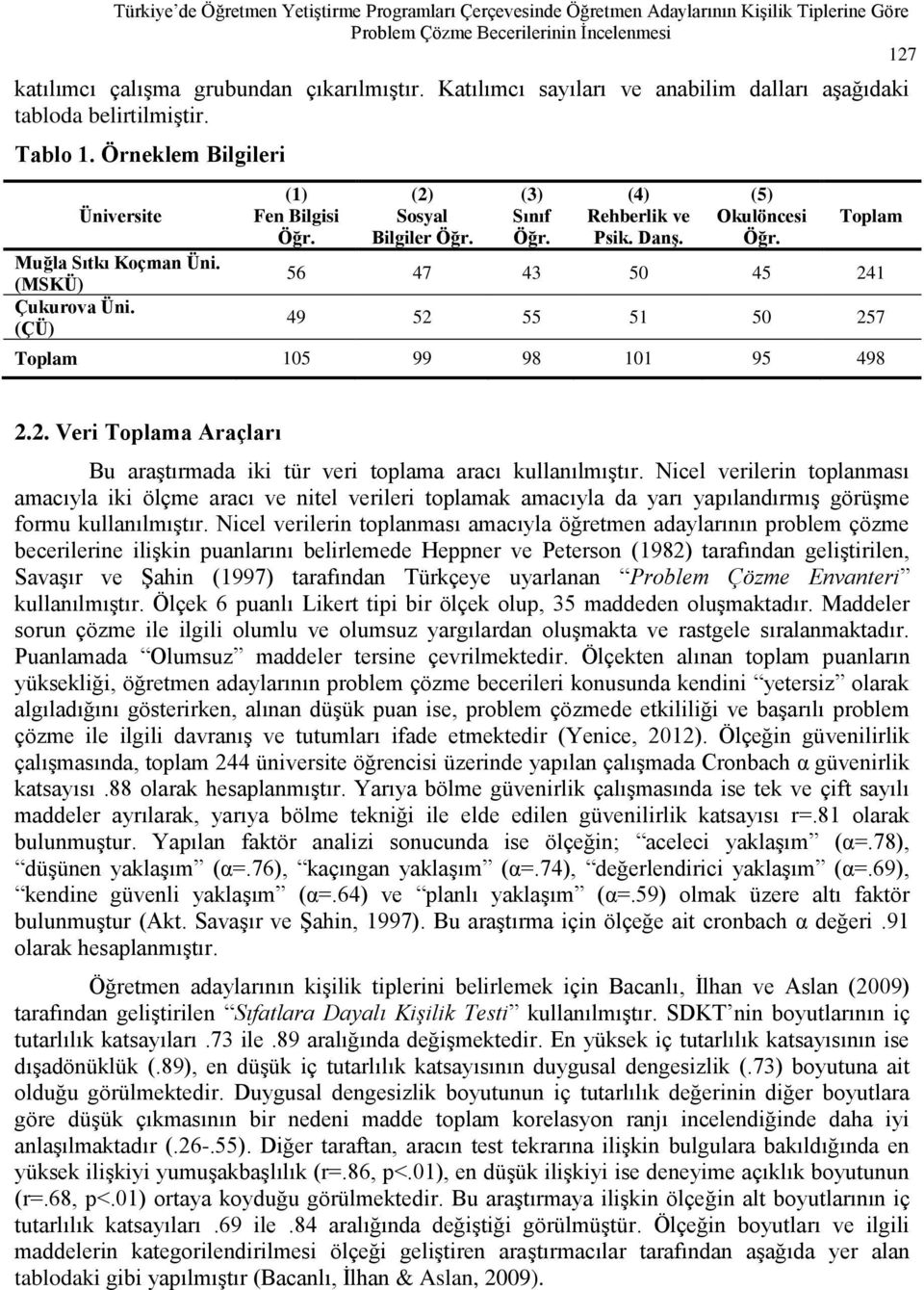 (2) Sosyal Bilgiler Öğr. (3) Sınıf Öğr. (4) Rehberlik ve Psik. Danş. (5) Okulöncesi Öğr. Toplam 56 47 43 50 45 241 49 52 55 51 50 257 Toplam 105 99 98 101 95 498 2.2. Veri Toplama Araçları Bu araģtırmada iki tür veri toplama aracı kullanılmıģtır.