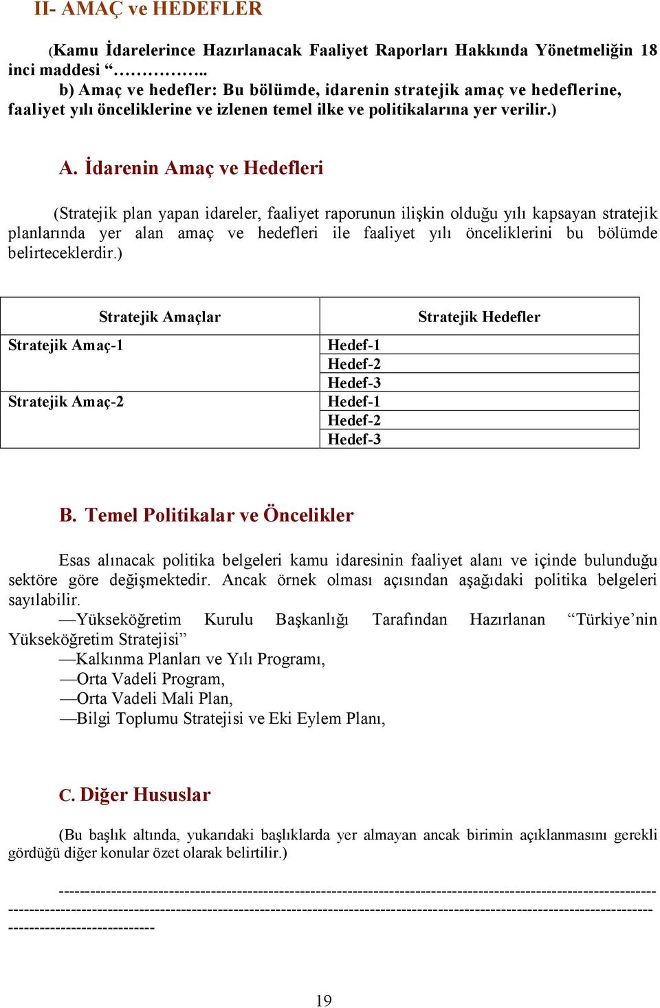 aç ve hedefler: Bu bölümde, idarenin stratejik amaç ve hedeflerine, faaliyet yılı önceliklerine ve izlenen temel ilke ve politikalarına yer verilir.) A.