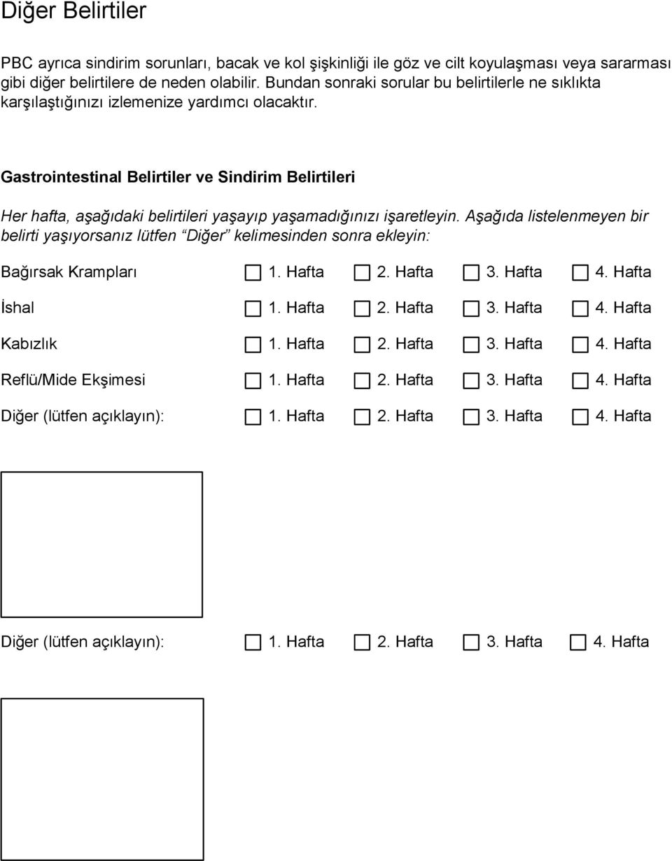 Gastrointestinal Belirtiler ve Sindirim Belirtileri Her hafta, aşağıdaki belirtileri yaşayıp yaşamadığınızı işaretleyin.