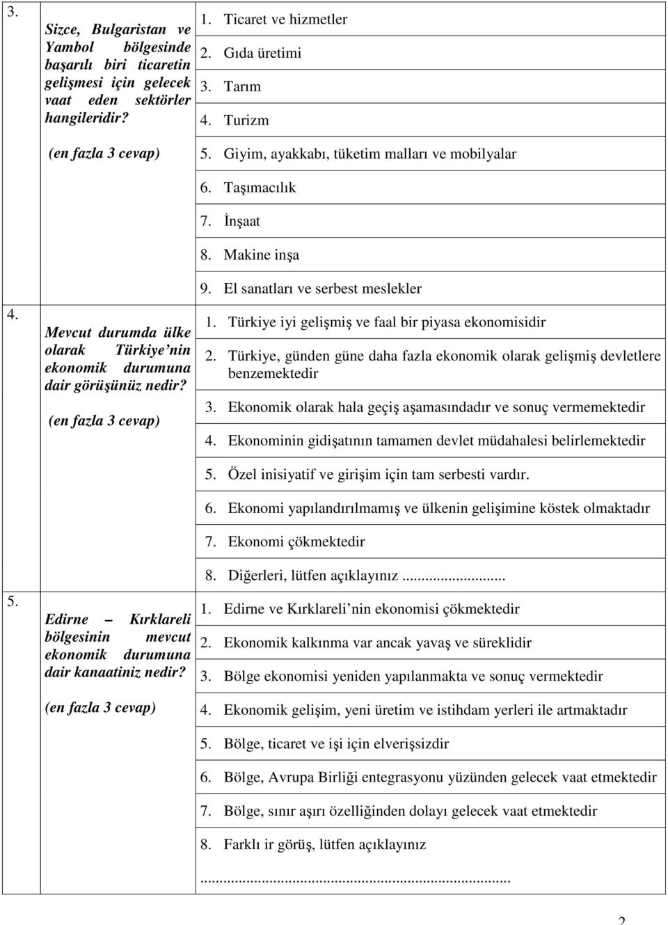 Edirne Kırklareli bölgesinin mevcut ekonomik durumuna dair kanaatiniz nedir? 6. Taşımacılık 7. İnşaat 8. Makine inşa 9. El sanatları ve serbest meslekler 1.