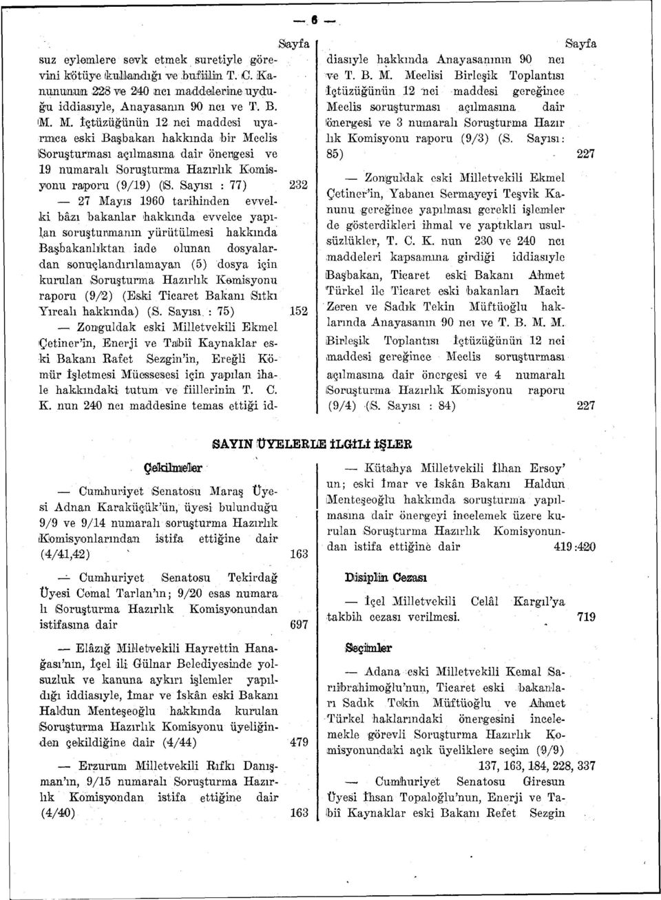 Sayısı : 77) 232 27 Mayıs 1960 tarihinden evvelki bâzı bakanlar hakkında evvelce yapılan soruşturmanın yürütülmesi hakkında Başbakanliktan iade olunan dosyalardan sonuç landırılamayan (5) dosya için