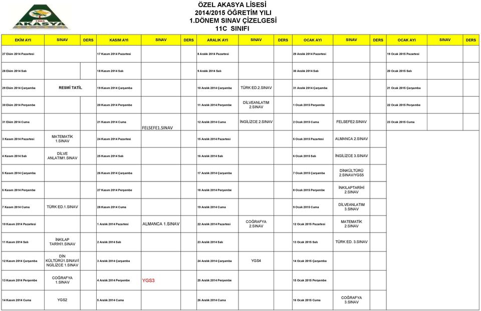 Ocak 2015 Cuma ALMANCA DİLVE ANLATIM İNGİLİZCE DİNKÜLTÜRÜ /YGS5 6 Kasım 2014 Perşembe 27 Kasım 2014 Perşembe 18 Aralık 2014 Perşembe 8 Ocak 2015 Perşembe