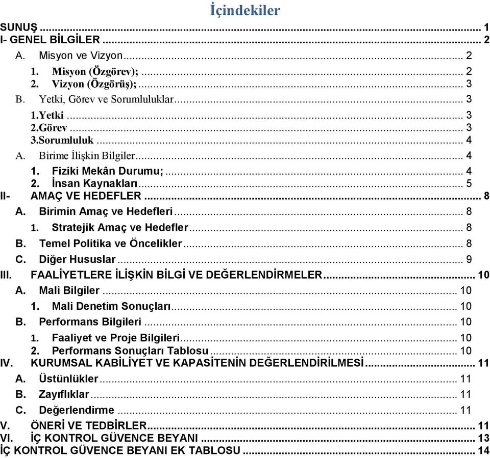 Temel Politika ve Öncelikler... 8 C. Diğer Hususlar... 9 III. FAALİYETLERE İLİŞKİN BİLGİ VE DEĞERLENDİRMELER... 10 A. Mali Bilgiler... 10 1. Mali Denetim Sonuçları... 10 B. Performans Bilgileri... 10 1. Faaliyet ve Proje Bilgileri.