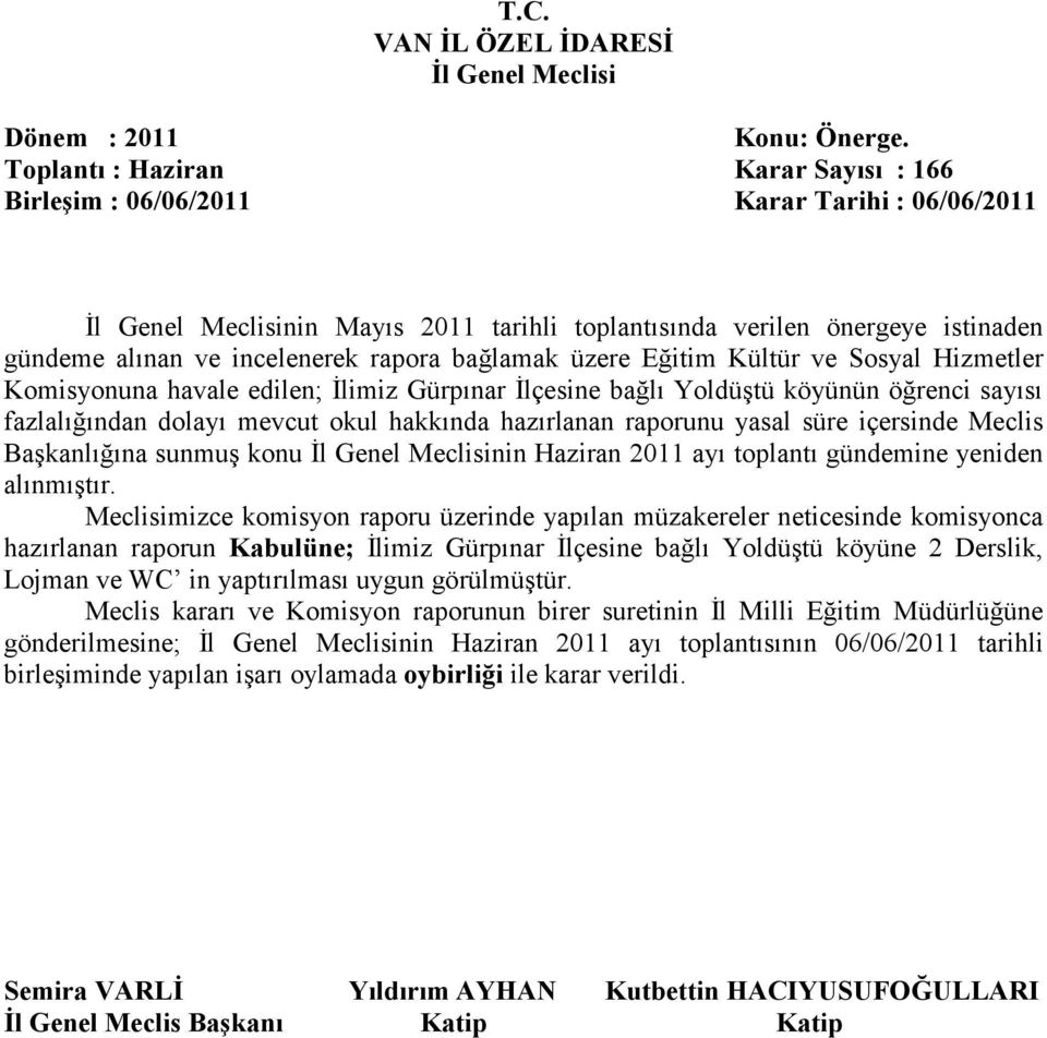 Meclis Başkanlığına sunmuş konu nin Haziran 2011 ayı toplantı gündemine yeniden alınmıştır.