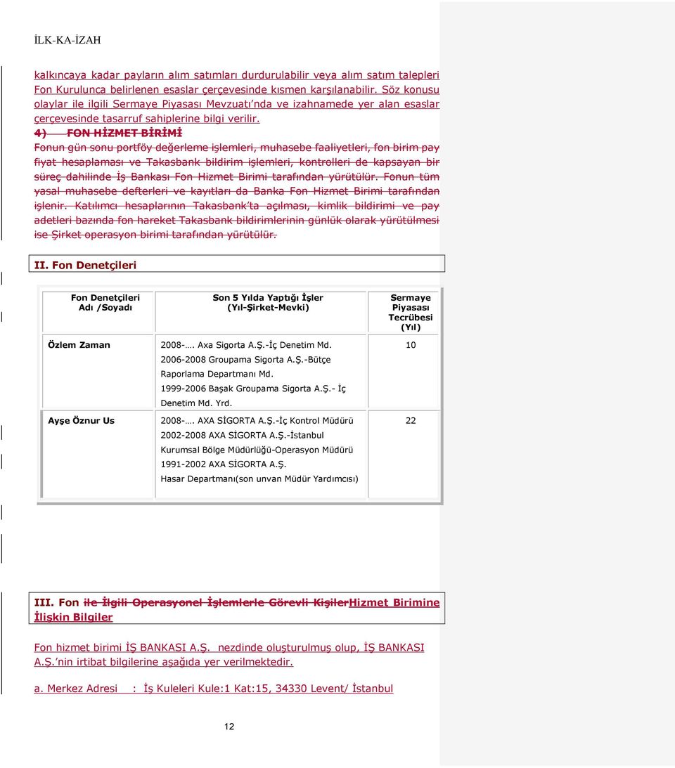 4) FON HİZMET BİRİMİ Fonun gün sonu portföy değerleme işlemleri, muhasebe faaliyetleri, fon birim pay fiyat hesaplaması ve Takasbank bildirim işlemleri, kontrolleri de kapsayan bir süreç dahilinde İş