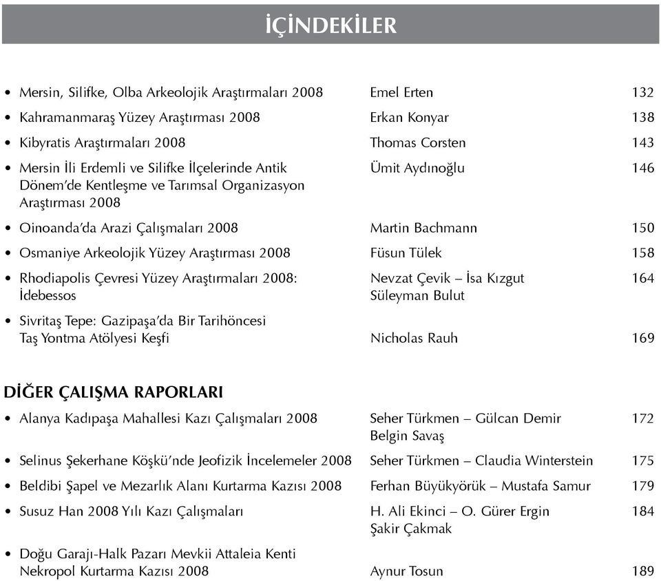 Araştırması 2008 Füsun Tülek 158 Rhodiapolis Çevresi Yüzey Araştırmaları 2008: Nevzat Çevik İsa Kızgut 164 İdebessos Süleyman Bulut Sivritaş Tepe: Gazipaşa da Bir Tarihöncesi Taş Yontma Atölyesi