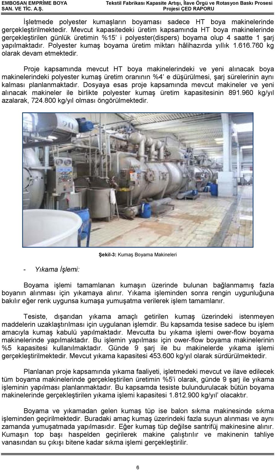 Polyester kumaş boyama üretim miktarı hâlihazırda yıllık 1.616.760 kg olarak devam etmektedir.