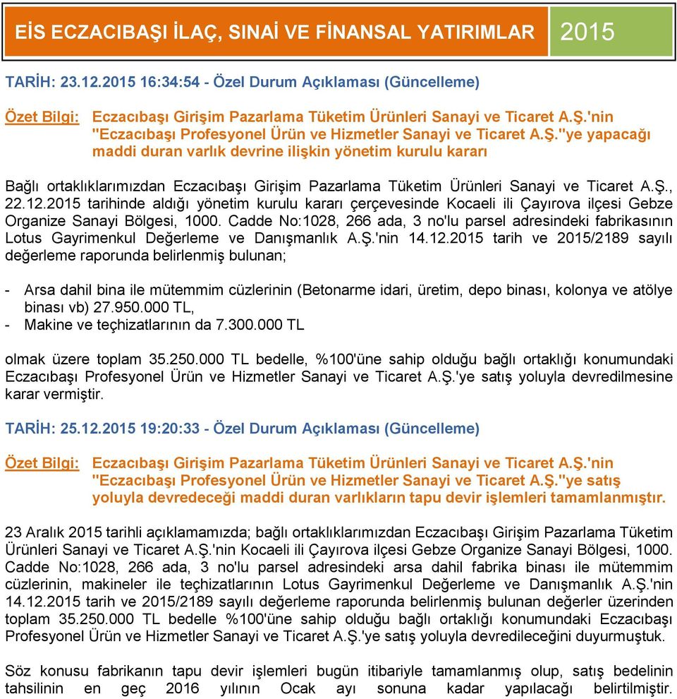 "ye yapacağı maddi duran varlık devrine ilişkin yönetim kurulu kararı Bağlı ortaklıklarımızdan Eczacıbaşı Girişim Pazarlama Tüketim Ürünleri Sanayi ve Ticaret A.Ş., 22.12.