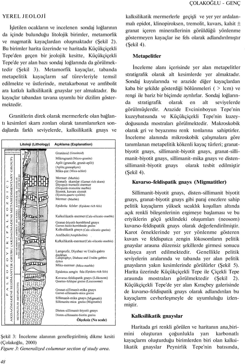 Metamorfik kayaçlar, tabanda metapelitik kayaçlarm saf türevleriyle temsil edilmekte ve üstlerinde, metakarbonat ve amfıbolit ara katkılı kalksilikatik gnayslar yer almaktadır.