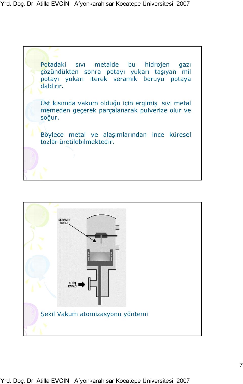 Üst kısımda vakum olduğu için ergimiş sıvı metal memeden geçerek parçalanarak