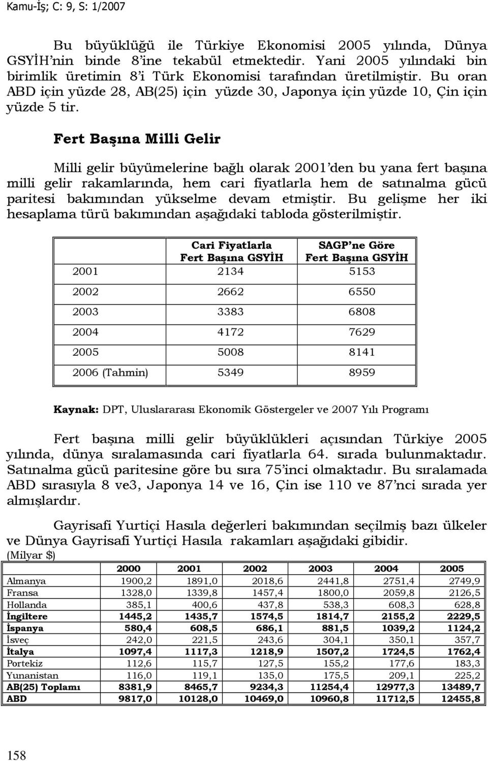 Fert Başına Milli Gelir Milli gelir büyümelerine bağlı olarak 2001 den bu yana fert başına milli gelir rakamlarında, hem cari fiyatlarla hem de satınalma gücü paritesi bakımından yükselme devam