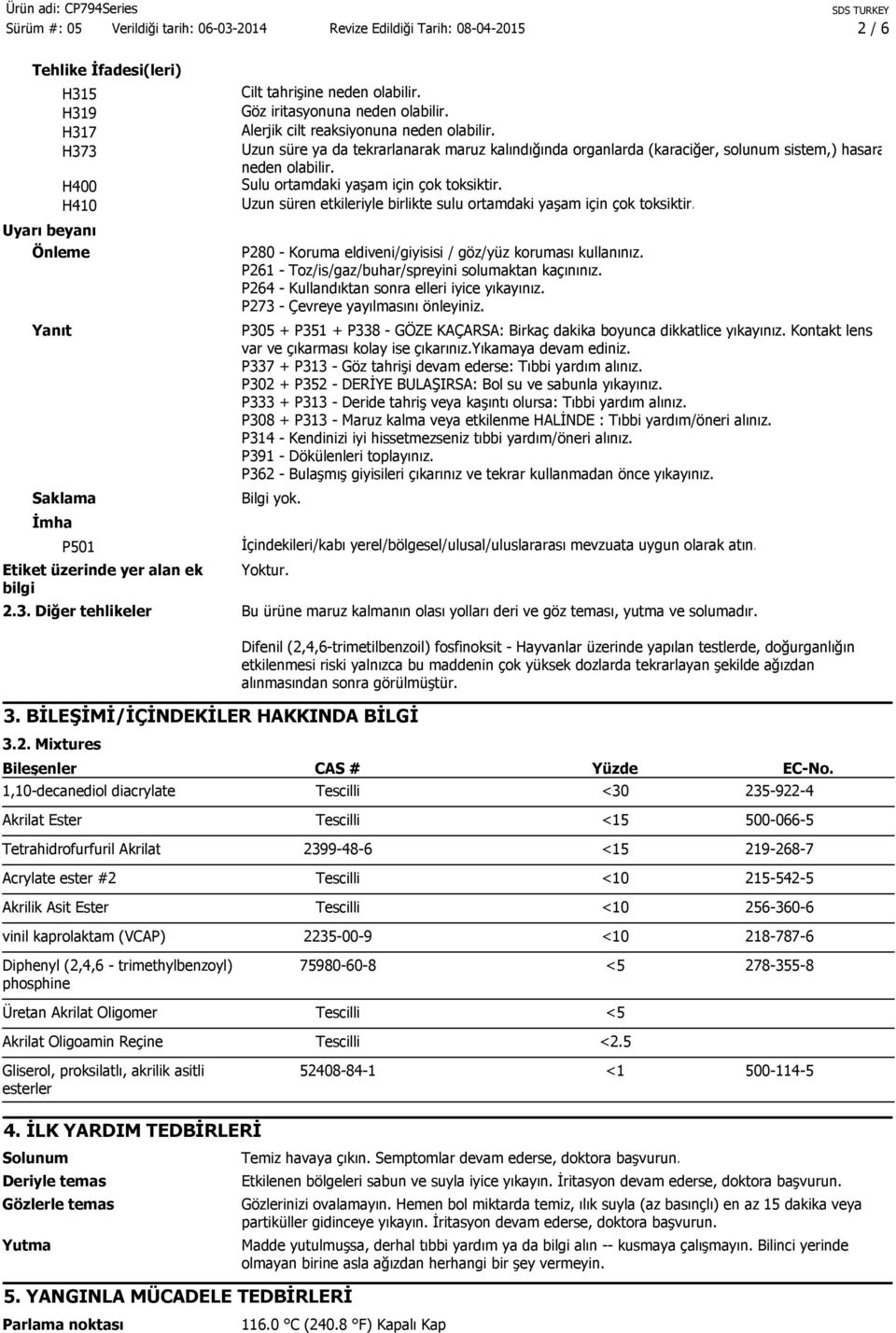 Uzun süren etkileriyle birlikte sulu ortamdaki yaşam için çok toksiktir. P280 - Koruma eldiveni/giyisisi / göz/yüz koruması kullanınız. P261 - Toz/is/gaz/buhar/spreyini solumaktan kaçınınız.