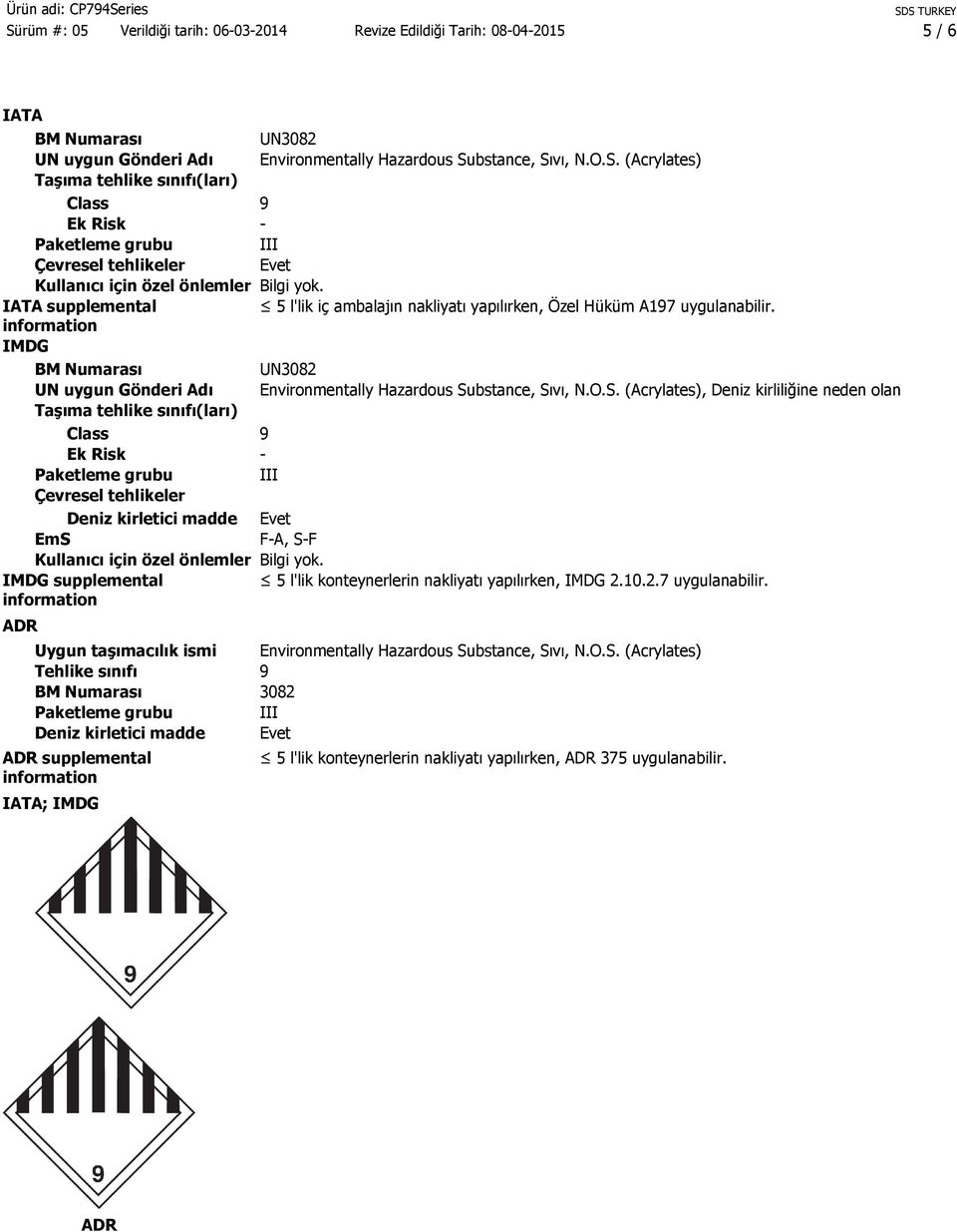 taşımacılık ismi Tehlike sınıfı BM Numarası Paketleme grubu Deniz kirletici madde ADR supplemental information IATA; IMDG UN3082 Environmentally Hazardous Su