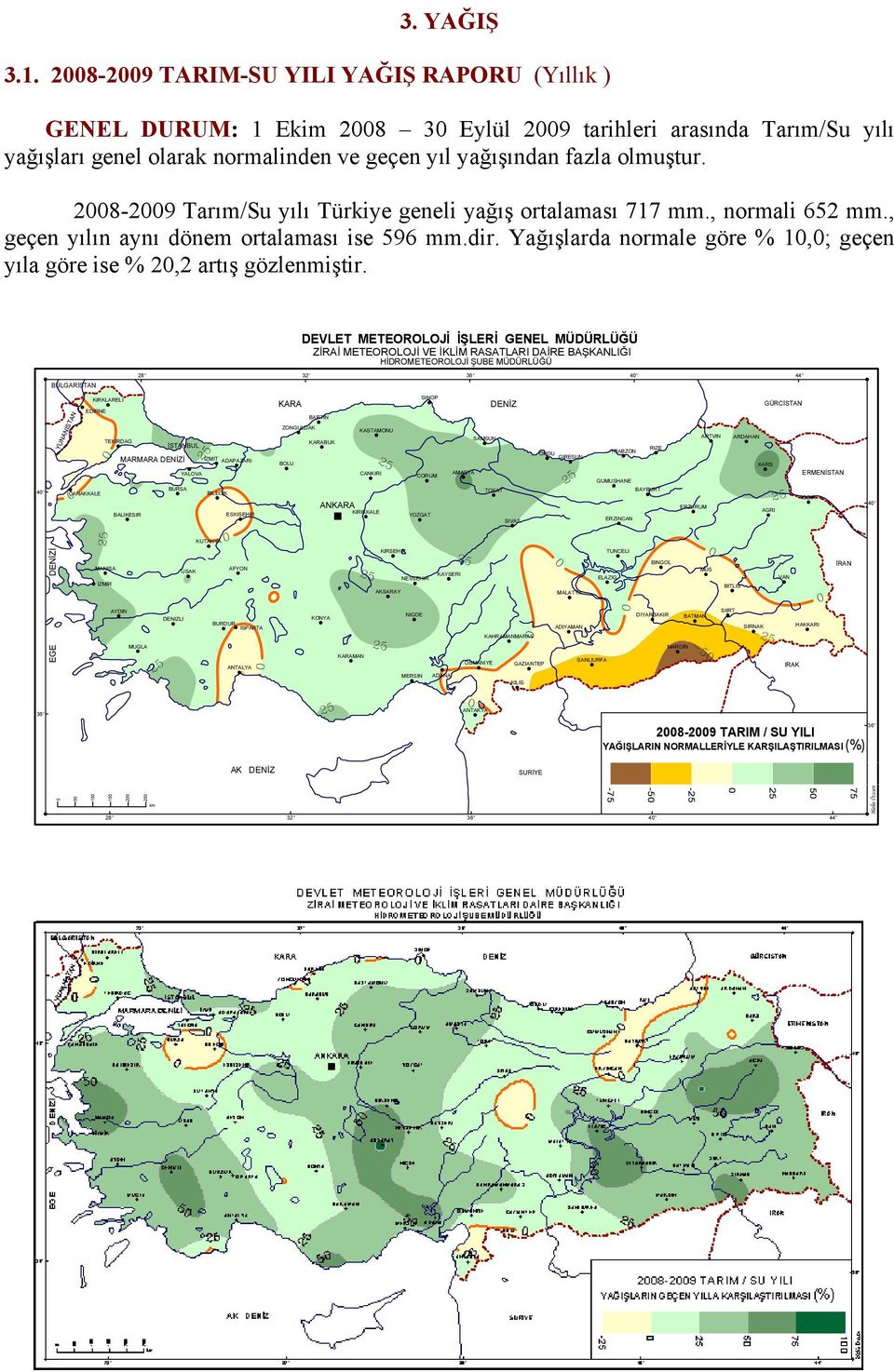 Yağışlarda normale göre % 1,; geçen yıla göre ise % 2,2 artış gözlenmiştir.