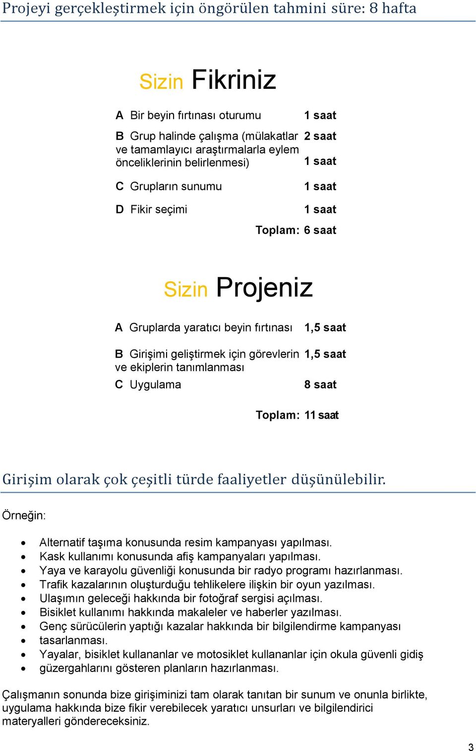 1,5 saat 8 saat Toplam: 1 Girişim olarak çok çeşitli türde faaliyetler düşünülebilir. Örneğin: Alternatif taşıma konusunda resim kampanyası yapılması.