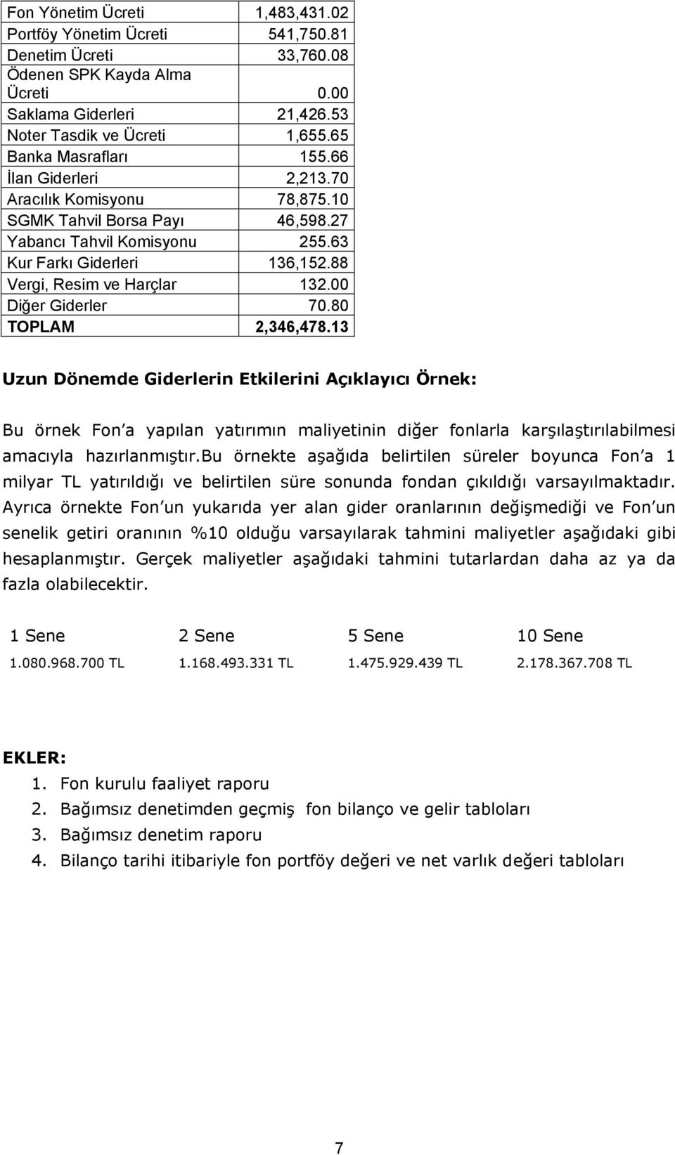 8 TOPLAM 2,346,478.13 Uzun Dönemde Giderlerin Etkilerini Açıklayıcı Örnek: Bu örnek Fon a yapılan yatırımın maliyetinin diğer fonlarla karşılaştırılabilmesi amacıyla hazırlanmıştır.