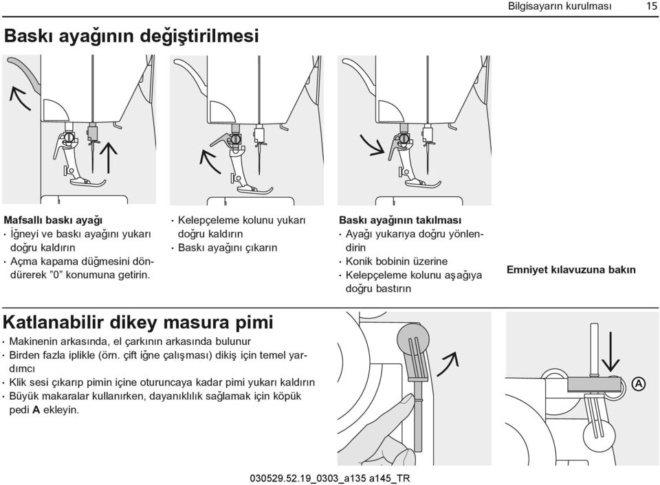 Kelepçeleme kolunu yukarý doðru kaldýrýn Baský ayaðýný çýkarýn Baský ayaðýnýn takýlmasý Ayaðý yukarýya doðru yönlendirin Konik bobinin üzerine Kelepçeleme kolunu aþaðýya