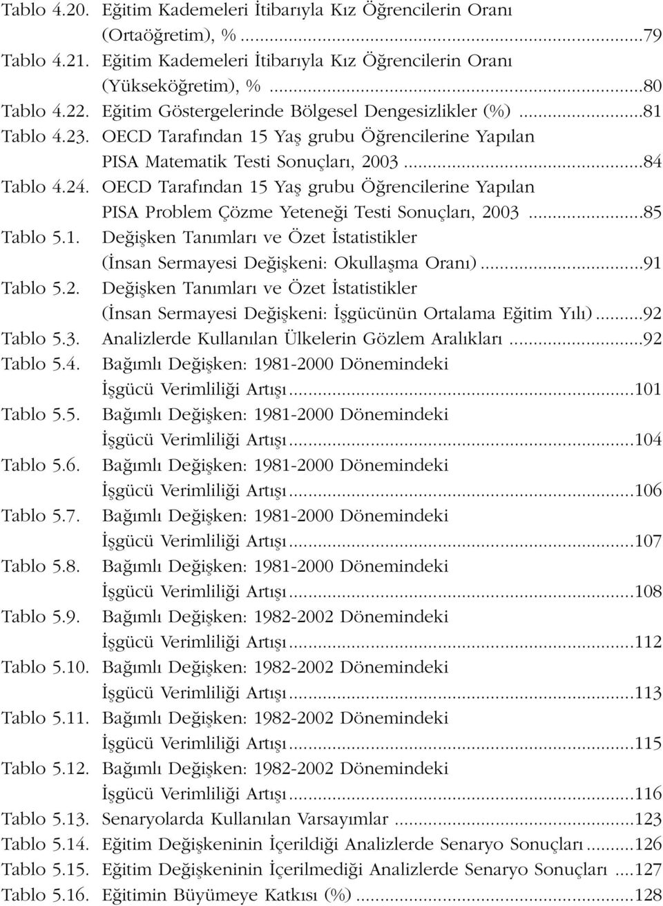 OECD Taraf ndan 15 Yafl grubu Ö rencilerine Yap lan PISA Problem Çözme Yetene i Testi Sonuçlar, 2003...85 Tablo 5.1. De iflken Tan mlar ve Özet statistikler ( nsan Sermayesi De iflkeni: Okullaflma Oran ).