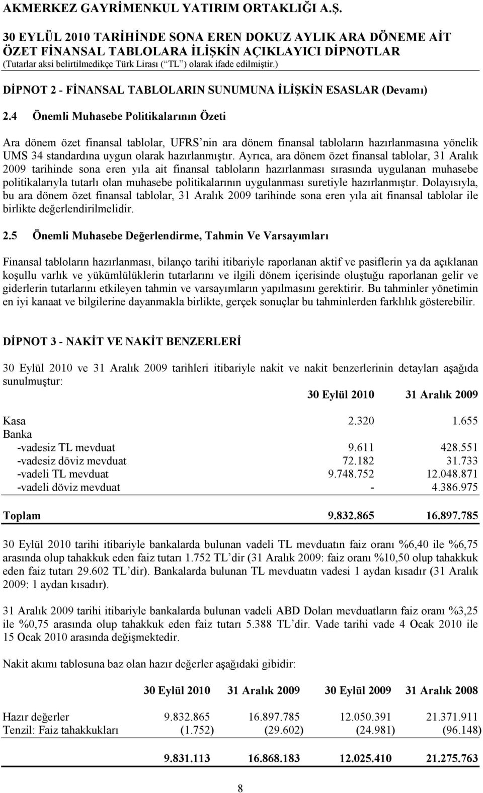 Ayrıca, ara dönem özet finansal tablolar, 31 Aralık 2009 tarihinde sona eren yıla ait finansal tabloların hazırlanması sırasında uygulanan muhasebe politikalarıyla tutarlı olan muhasebe