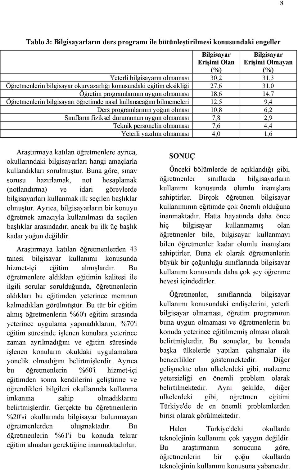 programlarının yoğun olması 10,8 6,2 Sınıfların fiziksel durumunun uygun olmaması 7,8 2,9 Teknik personelin olmaması 7,6 4,4 Yeterli yazılım olmaması 4,0 1,6 Araştırmaya katılan öğretmenlere ayrıca,