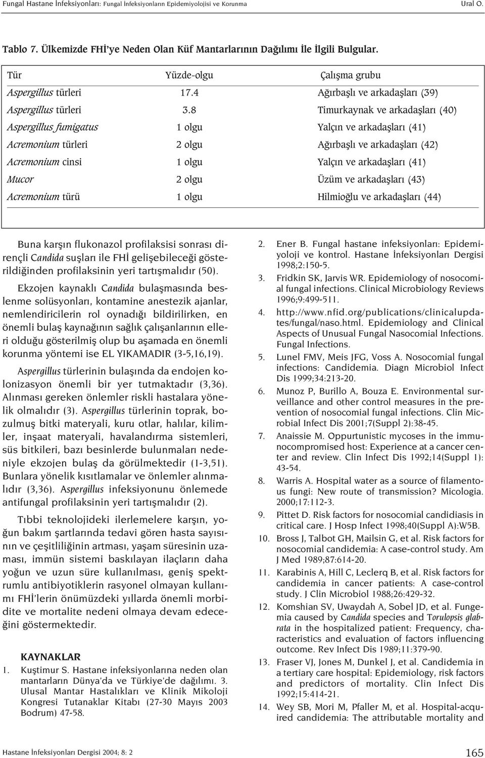 8 Timurkaynak ve arkadafllar (40) Aspergillus fumigatus 1 olgu Yalç n ve arkadafllar (41) Acremonium türleri 2 olgu A rbafll ve arkadafllar (42) Acremonium cinsi 1 olgu Yalç n ve arkadafllar (41)