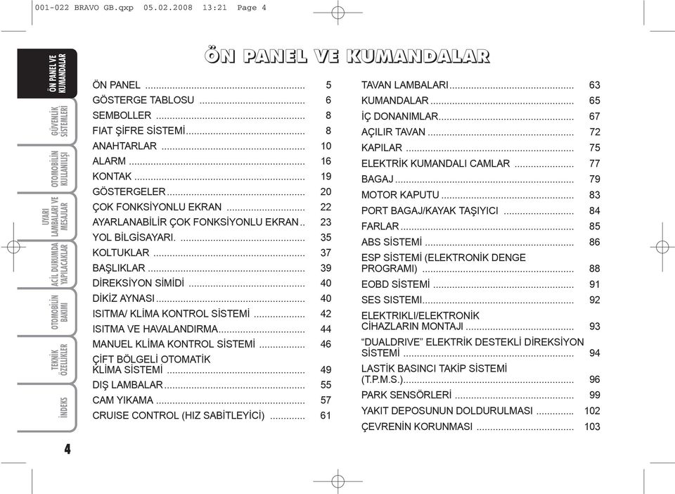 .. 40 ISITMA/ KLÝMA KONTROL SÝSTEMÝ... 42 ISITMA VE HAVALANDIRMA... 44 MANUEL KLÝMA KONTROL SÝSTEMÝ... 46 ÇÝFT BÖLGELÝ OTOMATÝK KLÝMA SÝSTEMÝ... 49 DIÞ LAMBALAR... 55 CAM YIKAMA.