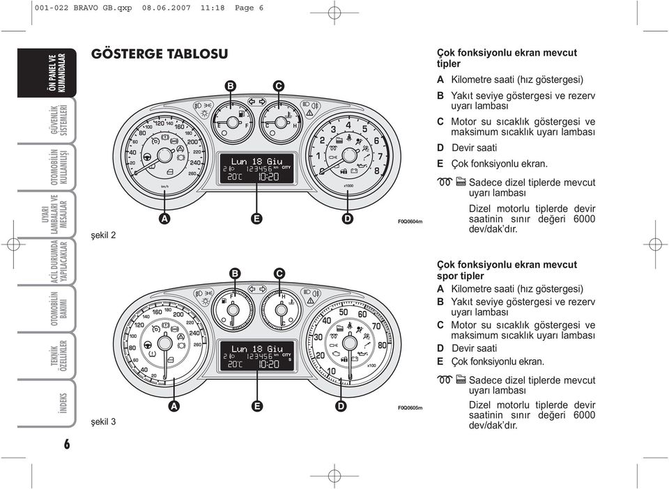 göstergesi ve maksimum sýcaklýk uyarý lambasý D Devir saati E Çok fonksiyonlu ekran. m c Sadece dizel tiplerde mevcut uyarý lambasý Dizel motorlu tiplerde devir saatinin sýnýr deðeri 6000 dev/dak dýr.